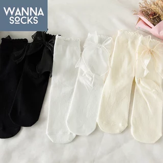 ส่งจากไทย!! ถุงเท้าลูกไม้ Bow Back สไตล์ญี่ปุ่น แนววินเทจ ข้อกลาง ผ้าฝ้าย สีพื้น ถุงเท้าแฟชั่น A43