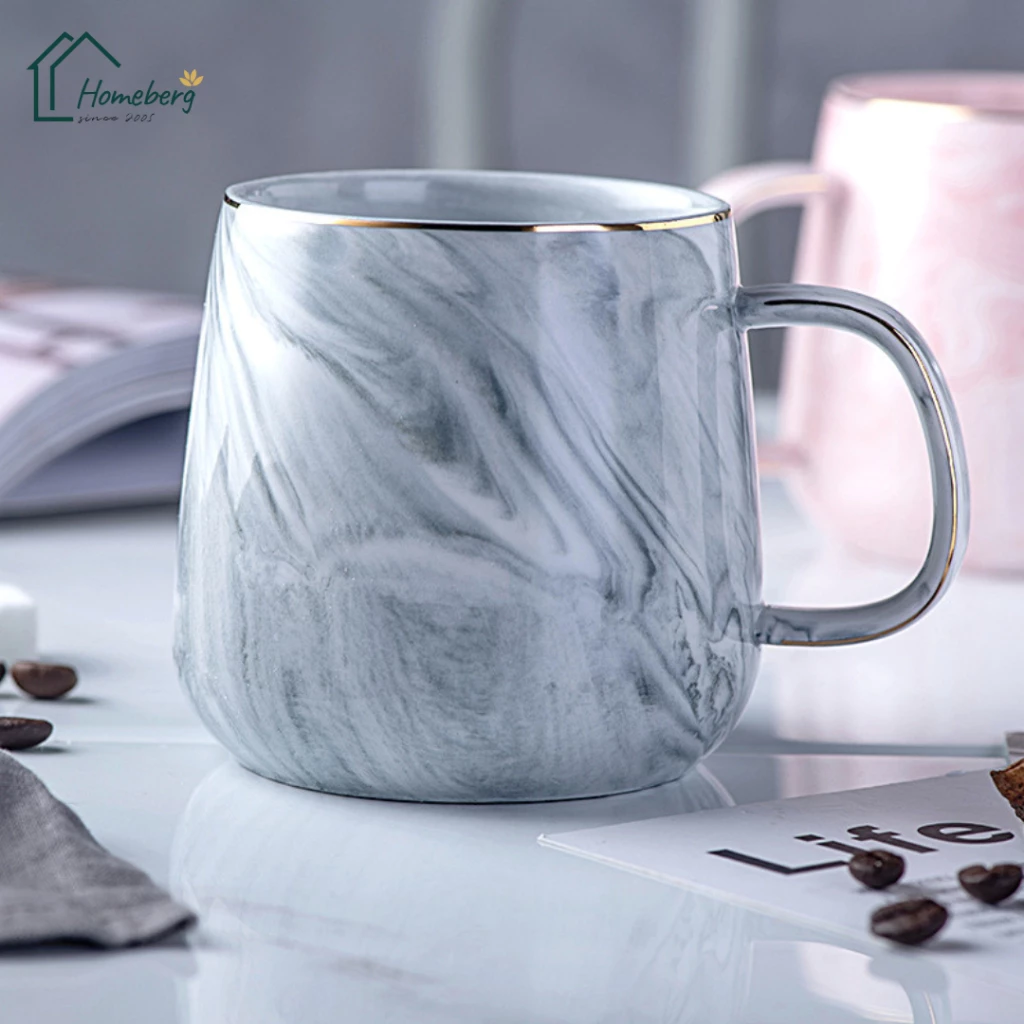 HOMEBERG แก้วน้ำ แก้วกาแฟ แก้วเซรามิค ใช้สำหรับใส่เครื่องดื่มร้อนเย็นลายหินอ่อนสีพาสเทลชมพูฟ้าสวยงาม