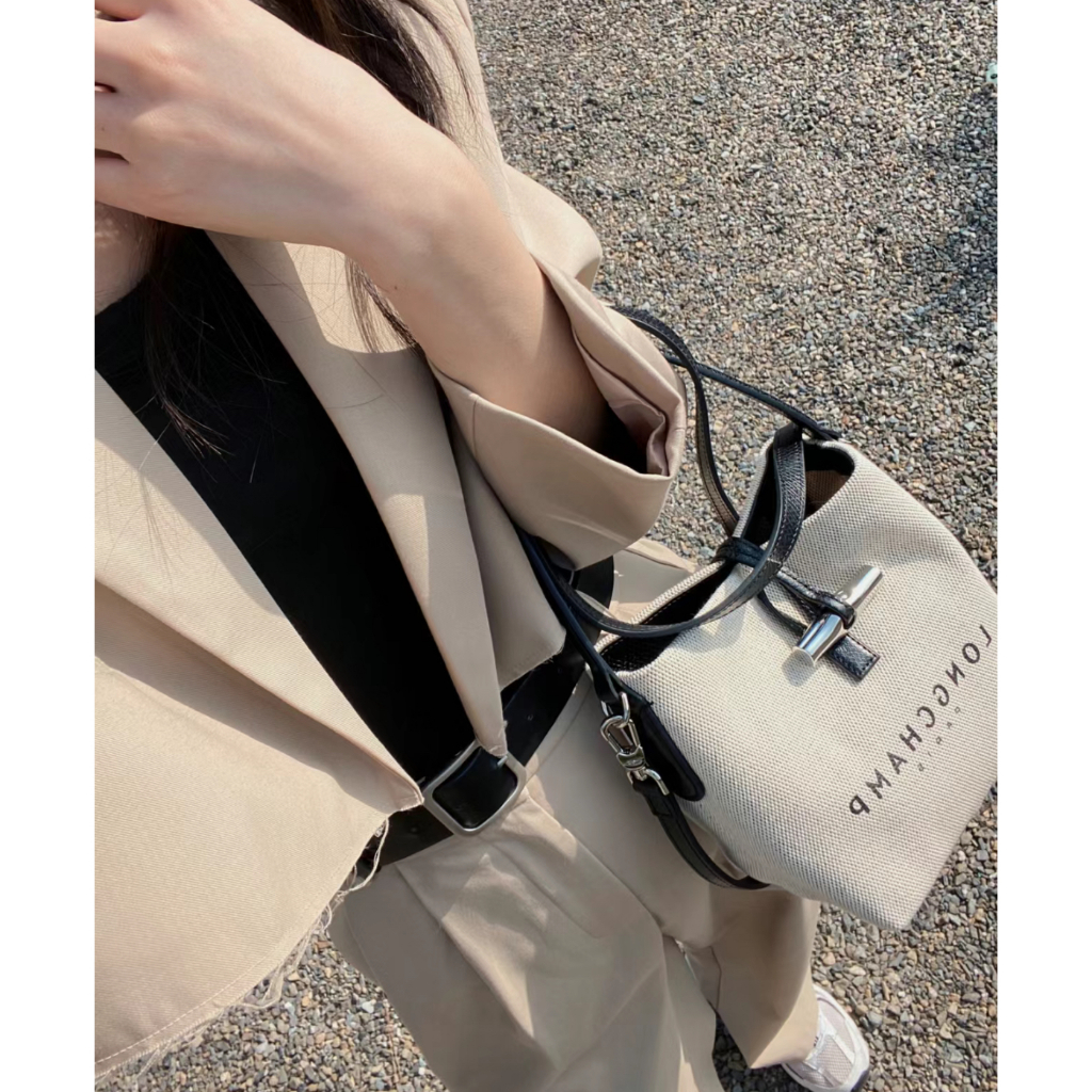 Longchamp roseau bucket bag canvas handbag แท้ กระเป๋าทรงถัง ผ้าใบ กระเป๋าถือ shoulder bag crossbody bags women