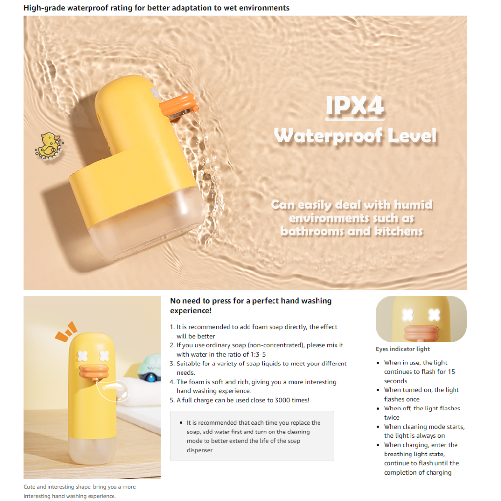 ส่งไวมาก เครื่องจ่ายสบู่โฟมอัตโนมัติ เป็ดเหลือง น่ารัก ชาร์จได้ 350ml duck soap automatic dispenser - รูปที่ 5