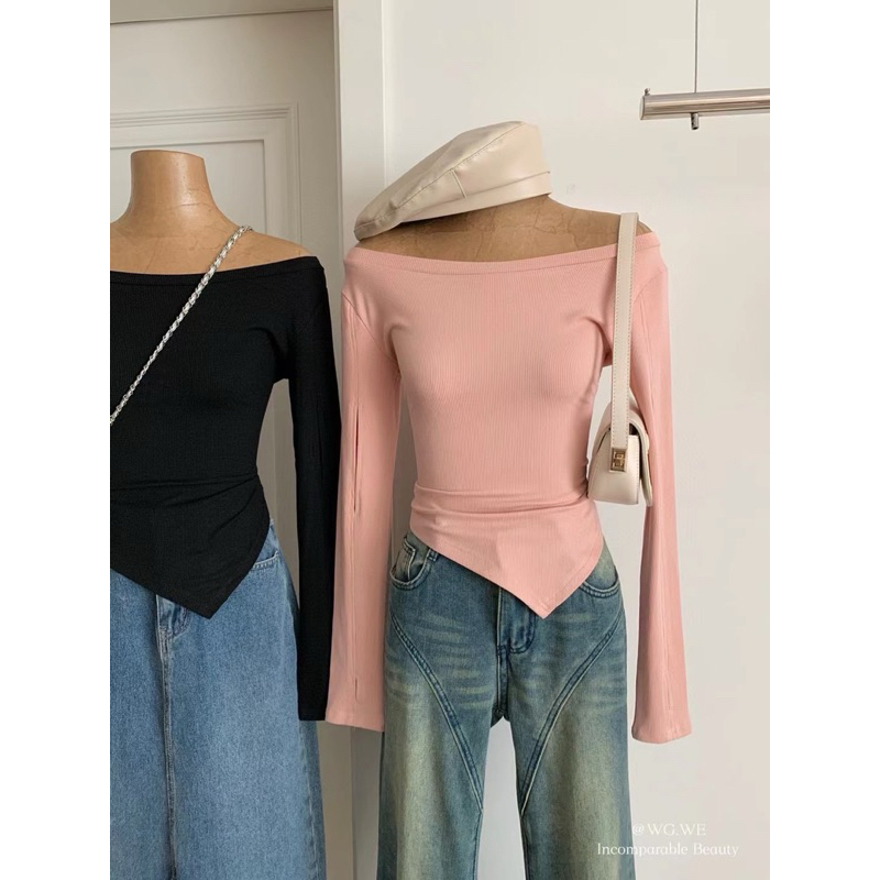 WG.WE MAVIN TOP เสื้อเว้าแขนแขนยาวปาดไหล่(สีโอรส)M