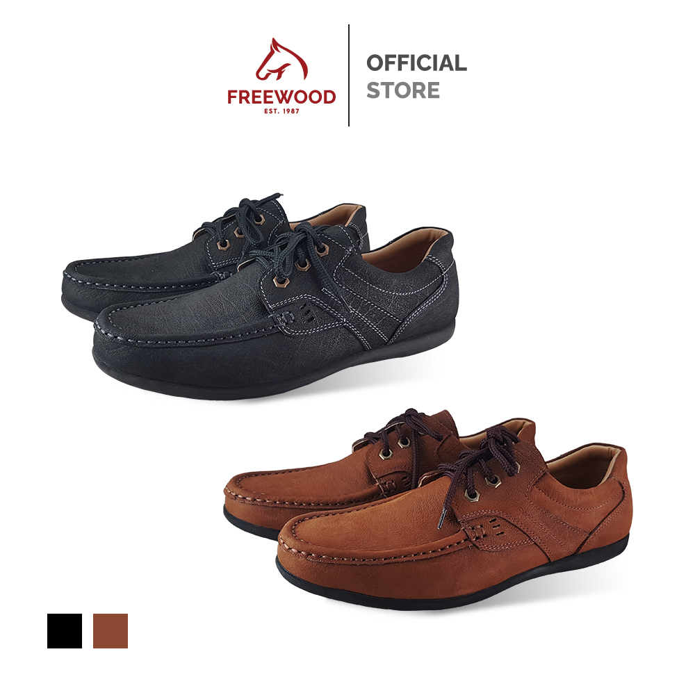 FREEWOOD CASUAL SHOES รองเท้าลำลองผู้ชาย หนังแท้ ผูกเชือก รุ่น 79-610 สีดำ / น้่ำตาล ( BLACK / BROWN )