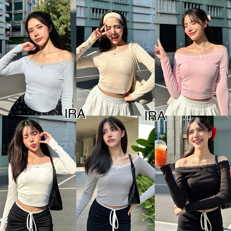 BY IRA 💕พร้อมส่ง💕(23097) Kersty Topเสื้อยืดแขนยาว สีทึบเปิดไหล่เซ็กซี่ของผู้หญิง สไตล์เกาหลี แฟชั่นฤดูร้อน
