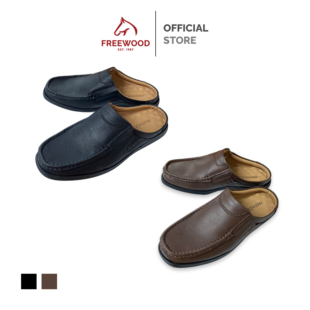 FREEWOOD OPEN HEEL CASUAL SHOES รองเท้าลำลองผู้ชาย หนังแท้ แบบเปิดส้น รุ่น 79-6261 สีดำ / สีน้ำตาล ( BLACK / BROWN )