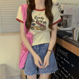 เสื้อครอปแขนสั้นรัดรูปสวยๆผู้หญิงฤดูร้อนใหม่ เสื้อผ้าแฟชั่นสาวอวบมินิมอลสไตล์เกาหลี เสื้อยืดที่กําลังฮิต ผ้ายืดใส่สบาย