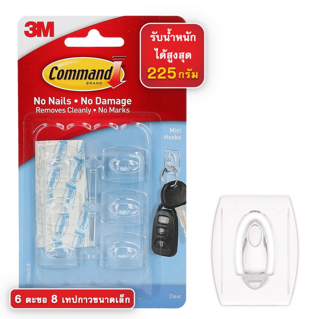 แผ่นเทปกาวคอมมานด์ 3M คอมมานด์ ตะขอใสขนาดเล็ก ชนิดลอกออกได้ COMMAND ADHESIVE TAPE WITH MINI HOOKS 3M