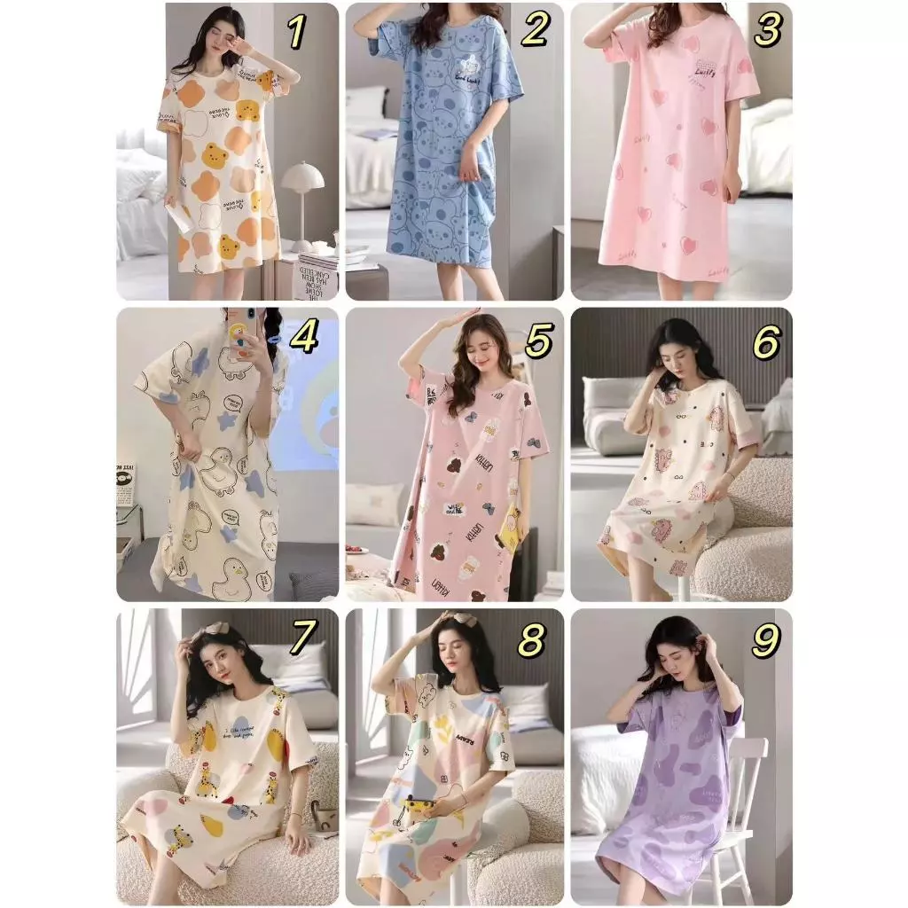 AVONE พร้อมส่งชุดนอนสตรีชุดนอนผ้ายืดผสมคอตตอน เสื้อกางเกง นอน กระโปรงยาว เดรส กางเกงนอน S1