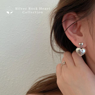 MNL💗ต่างหูหัวใจสีเงิน Silver Rock Heart แบบแป้น เครื่องประดับแฟชั่น เงินแท้ ผู้หญิง ใส่ออกงาน ใส่เที่ยว ของขวัญ