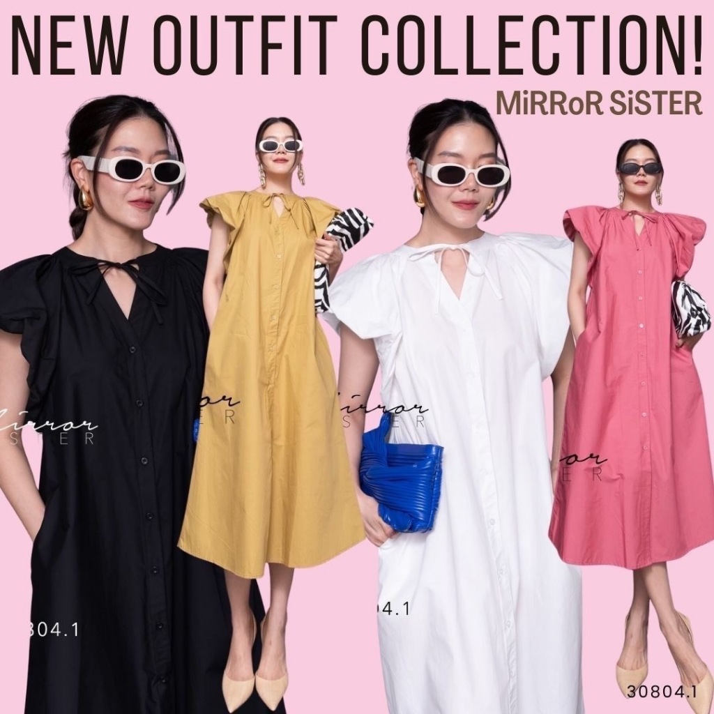 Mirrorsister 30804.1 เดรสทรงน่ารัก แขนทรงปีกพอง ช่วงคอผูกโบว์เป็นคอวีสามเหลี่ยม กระดุมผ่าหน้าเปิด-ปิดได้ มีกระเป๋าล้วง