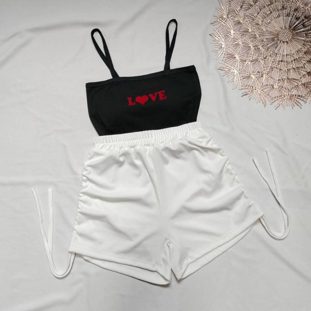 กางเกงขาสั้น+สายเดี่ยว ชุดเซทสองชิ้นหญิง ใส่สบาย ใส่เล่นน้ำสงกรานต์ได้จ้า เอวยืด23-30 - รูปที่ 4