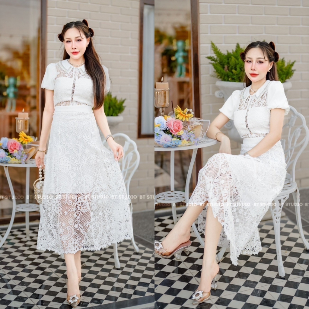 SML 0211 เดรสลูกไม้สีขาว ชุดไปงานบวช งานป้าย BT Studio ชุดไปวัด ชุดทำบุญ เดรสแฟนนาค