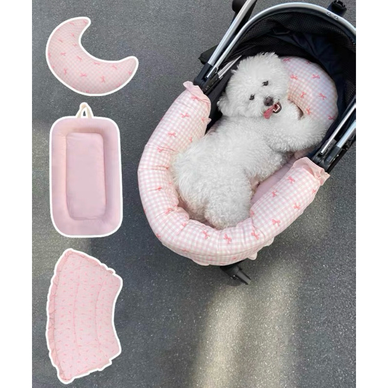 Pet Stroller Comfort Set 🎀 อุปกรณ์เสริม เบาะรองตกแต่งรถเข็นสุนัข ลายสก็อตโบว์สีชมพู🎀