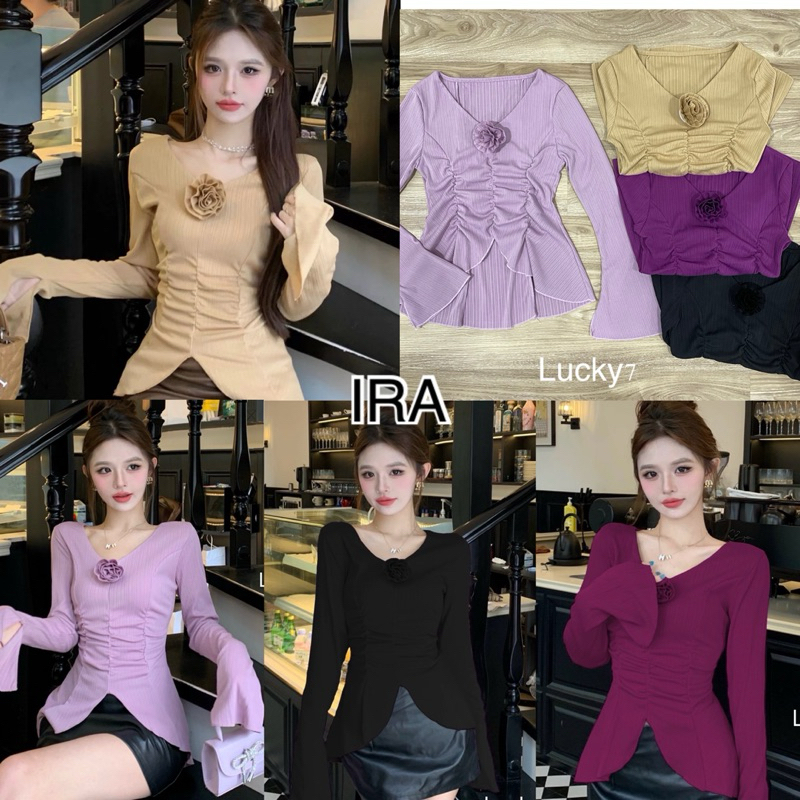 BY IRA Roses Long Sleeves เสื้อยืดแขนยาว คอวี เข้ารูป ลายดอกไม้ สามมิติ สไตล์ฝรั่งเศส แฟชั่นฤดูใบไม้ร่วง สําหรับผู้หญิง