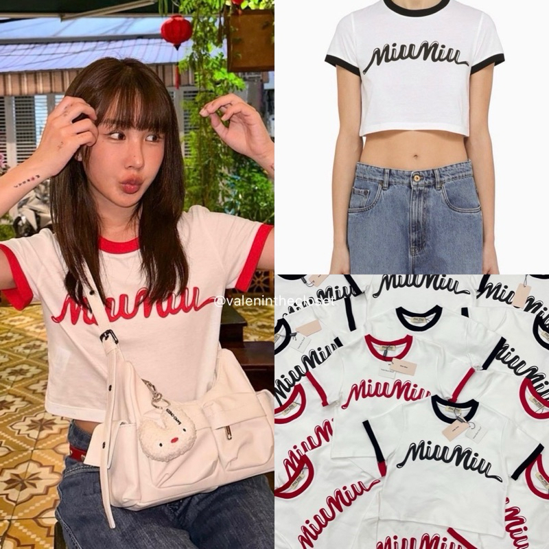 Miu crop เสื้อครอปแขนสั้น ดีเทลสกรีนโลโก้แบรนด์ดัง ผ้าคอตตอนเนื้อนุ่ม ตัดขอบแขนทูโทน งานดีไม่ไหว