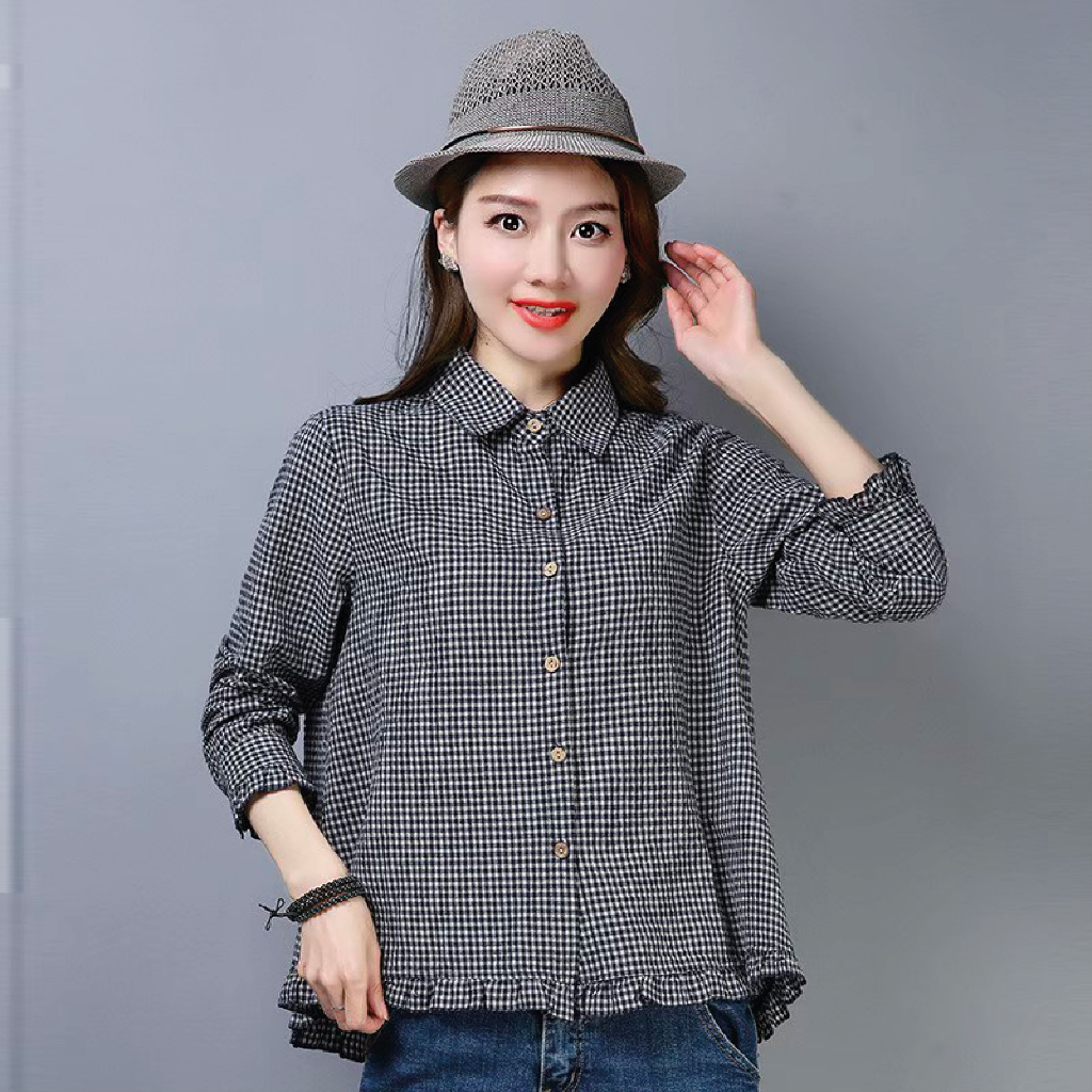 NGเสื้อเชิ๊ตลายสก็อต คอปก แต่งชายระบายน่ารัก / 200-201