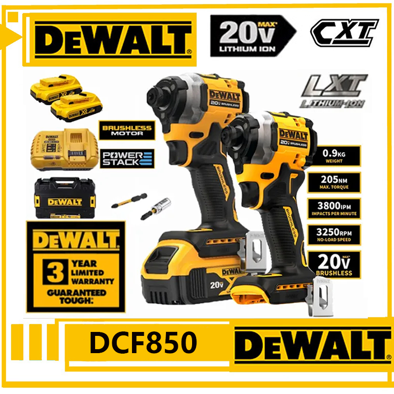 DEWALT DCF850 20V ไขควงไฟฟ้าไร้แปรงถ่านแบบชาร์จไฟได้ 20V ไขควงกระแทกไร้สายไร้แปรงถ่านมัลติฟังก์ชั่นพร้อมสองส่วน 6.0ah