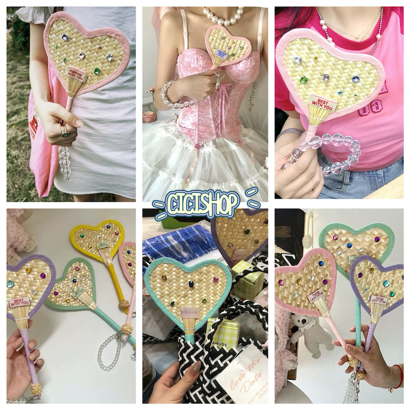 Cicishop(1642)พัดสานไม้ไผ่รูปหัวใจ ลายลูกปัดโซคิ้วท์ สีสดใสสดใจมากคุณน้า