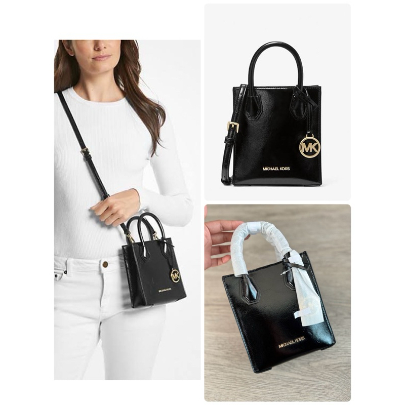 กระเป๋าสะพายข้าง หนังเงาสีดำ MICHAEL KORS Mercer Extra-Small Patent Crossbody Bag 6 นิ้ว