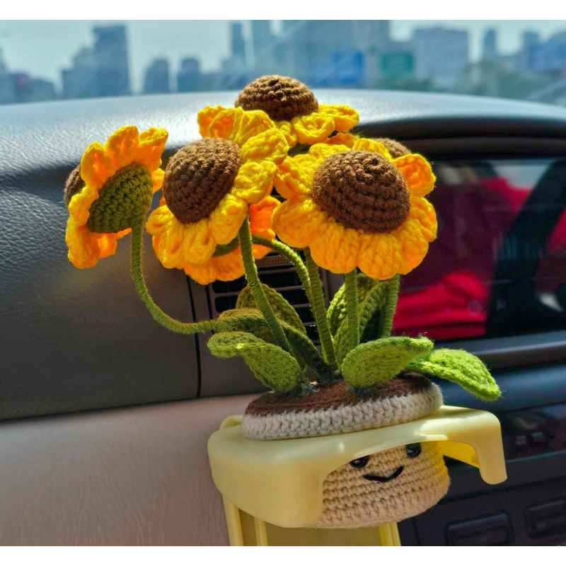 กระถางดอกไม้ไหมพรมตั้งโต๊ะดอกทานตะวันCrochetflower รูปที่ 2