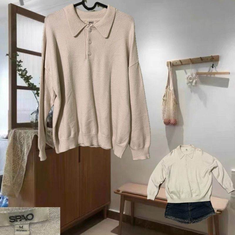 SPAO เสื้อกันหนาวsweater คอปกไหมพรม ขาวครีม ขนหนา ส่งต่อ มือสอง
