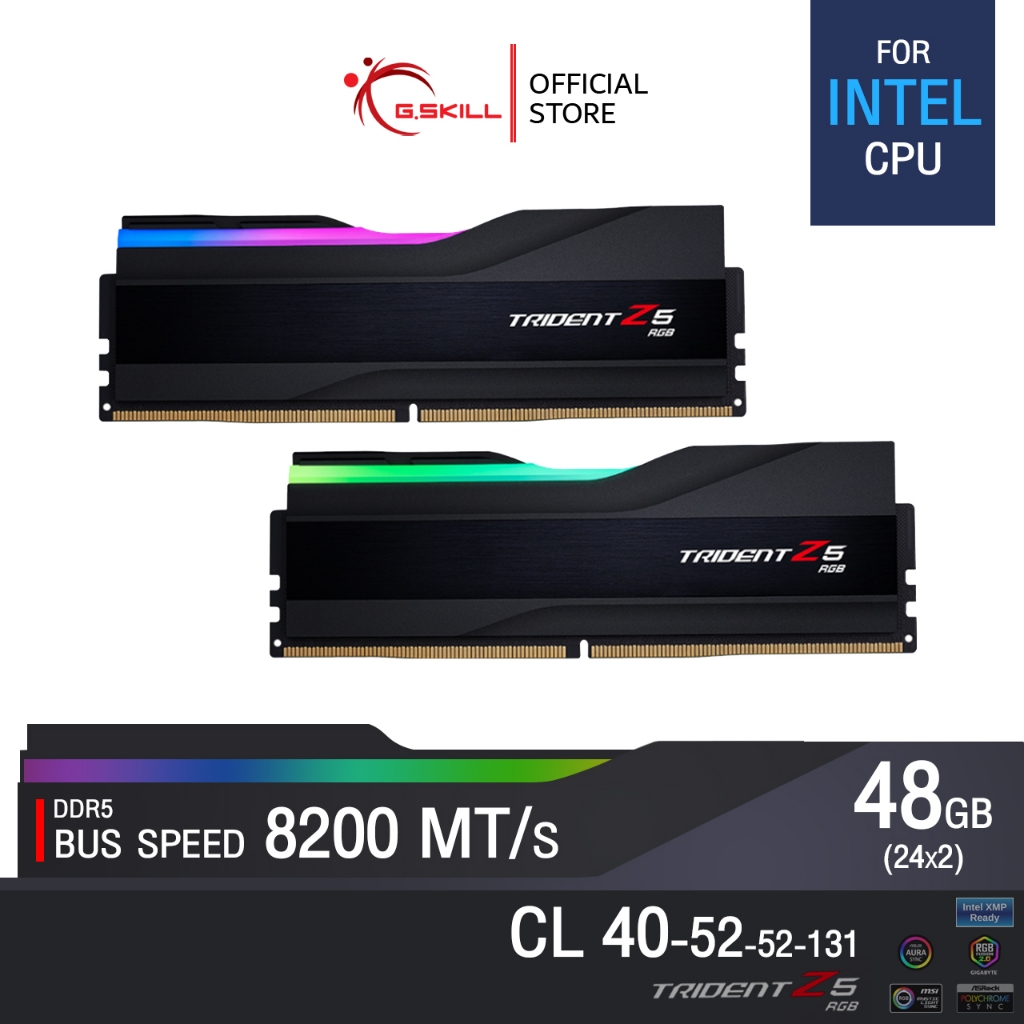 แรมพีซี G.SKILL - DDR5-RAM P/C 48/8200 Trident Z5 RGB Black (F5-8200J4052F24GX2-TZ5RK) 24GBx2 (40-52-52-131) for Intel