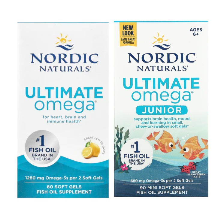 Nordic Naturals, Ultimate Omega รส Lemon 60 Soft Gels, สูตร 2x Teen 60 soft gels และ Junior 90 soft gels
