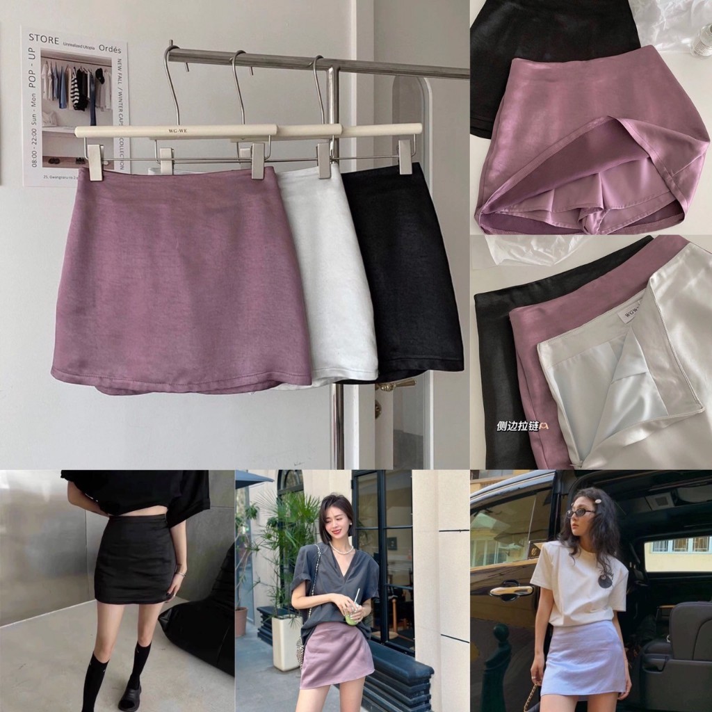 “Mini Skrit Satin” WG.WE กระโปรงซาตินทรงเอ+กางเกงซับใน งานป้าย TAG : WG.WE แท้