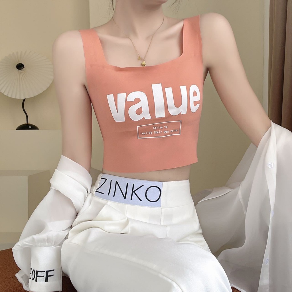 PX เสื้อกล้ามผู้หญิง Underwear เสริมฟองน้ำ ผ้าไหมไร้ขอบ แนบผิว ลายสกรีน VALUE สไตล์เกาหลี สีดำ สีขาว สีโอรส สีฟ้า