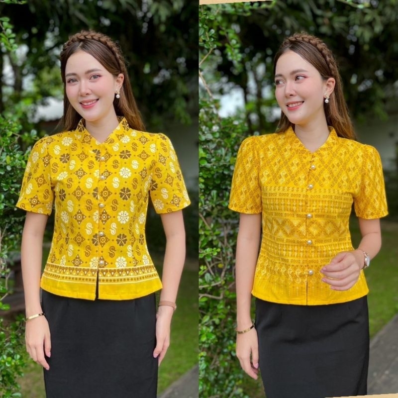 เสื้อคอจีนไทยจิตรลดา ผ้าฝ้ายพิมพ์ลาย ชุดผ้าไทย