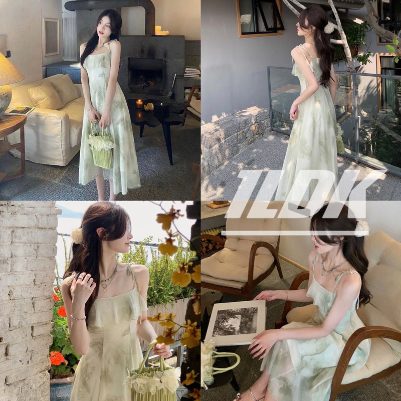 1LDK พร้อมส่ง ชุดเดรสยาว แต่งชายพลิ้วหน้าอกด้านหน้า ผูกไหล่สุดเซ็กซี่ (2292)