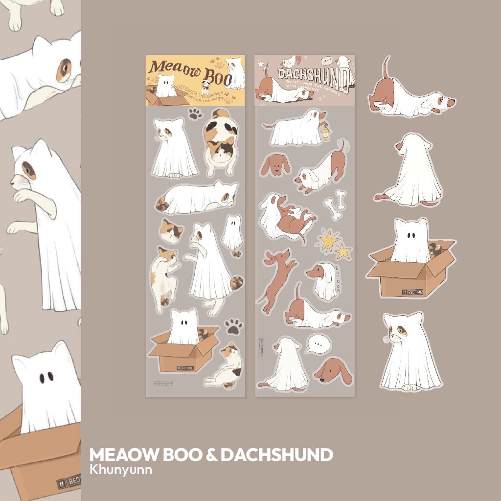 Sticker Meaow Boo & Dachshund สติ๊กเกอร์ไดคัทพร้อมแปะตกแต่ง (khunyunn x buddy.dooks)