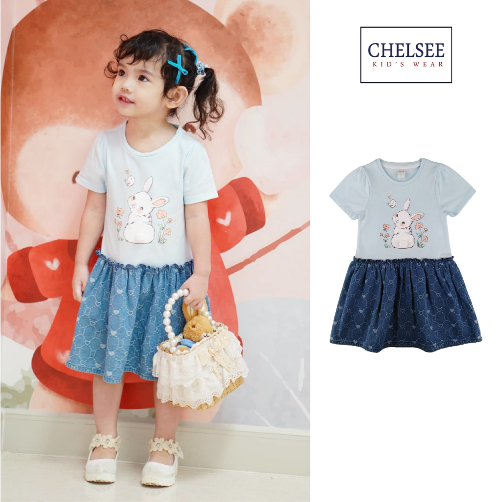 Chelsee ชุดเดรสกระโปรงยีนส์ เด็กผู้หญิง รุ่น 237987 มีปก ปักลายแมว ผ้า 100% นิ่ม ผ้าบาง อายุ 2-9 ปี เสื้อผ้าเด็ก
