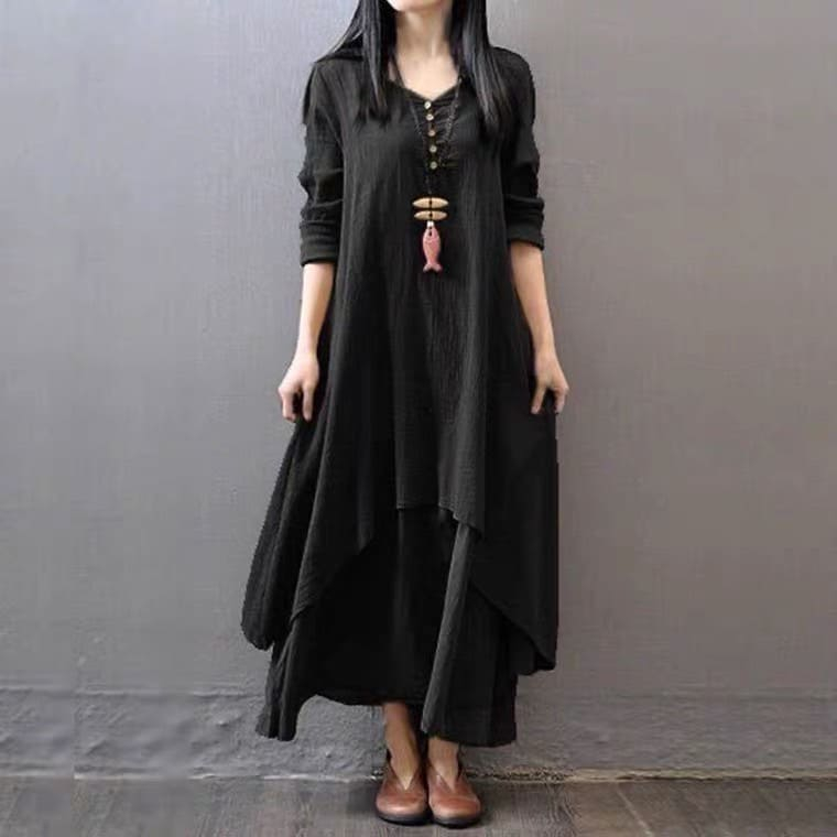 OKเสื้อเดรสยาวแขนยาว แต่งกระดุมคอ / 378-382