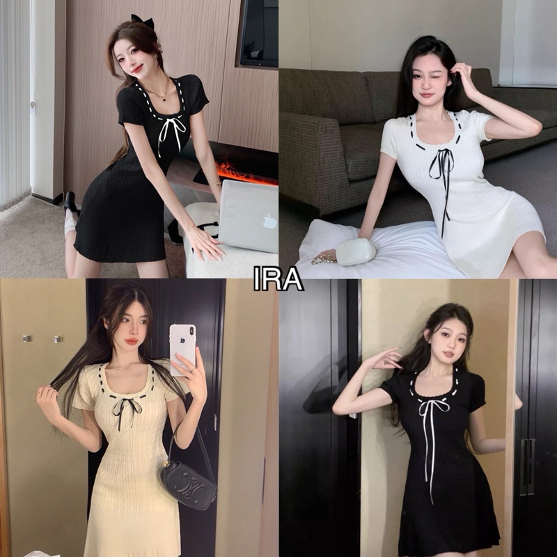 BY IRA Willow Knit Dress 📌พร้อมส่ง🥰ชุดมินิเดรส คอกลมแขนสั้น สไตล์เกาหลี ลายเปียผ้าไหมพรม มีเชือกผูกโ