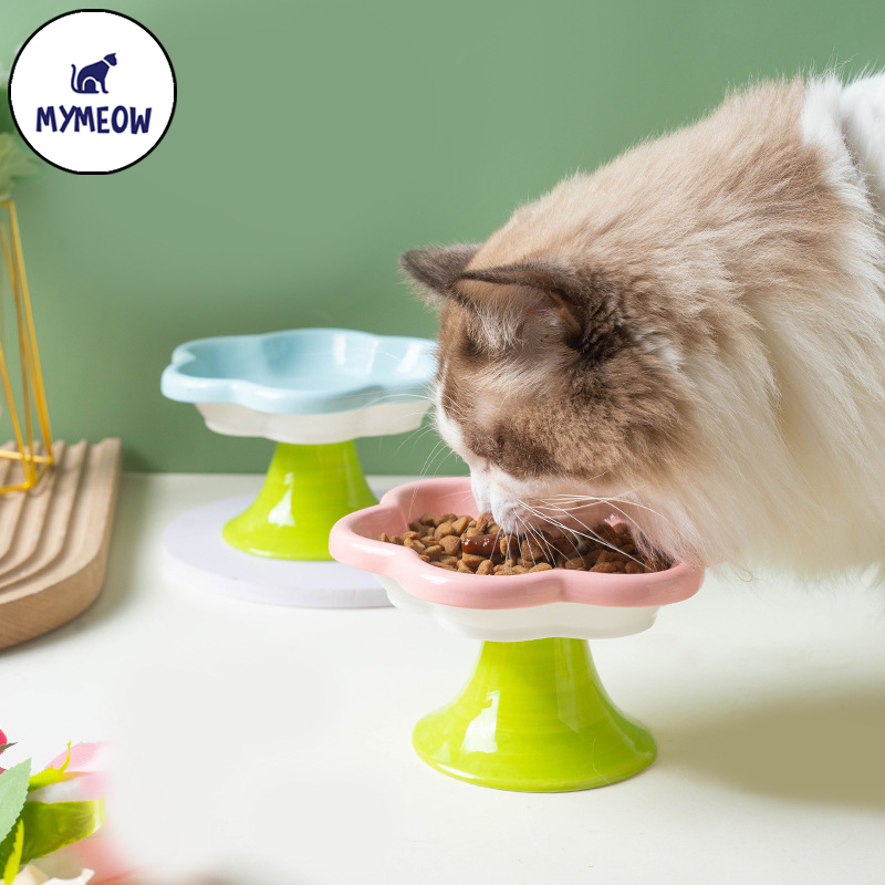 MYMEOW ชามอาหารแมว ทรงดอกไม้ เซรามิก กินดื่ม ขาสูงรองกระดูกสันหลังส่วนคอ จานอาหารสัตว์เลี้ยง ชามแมว