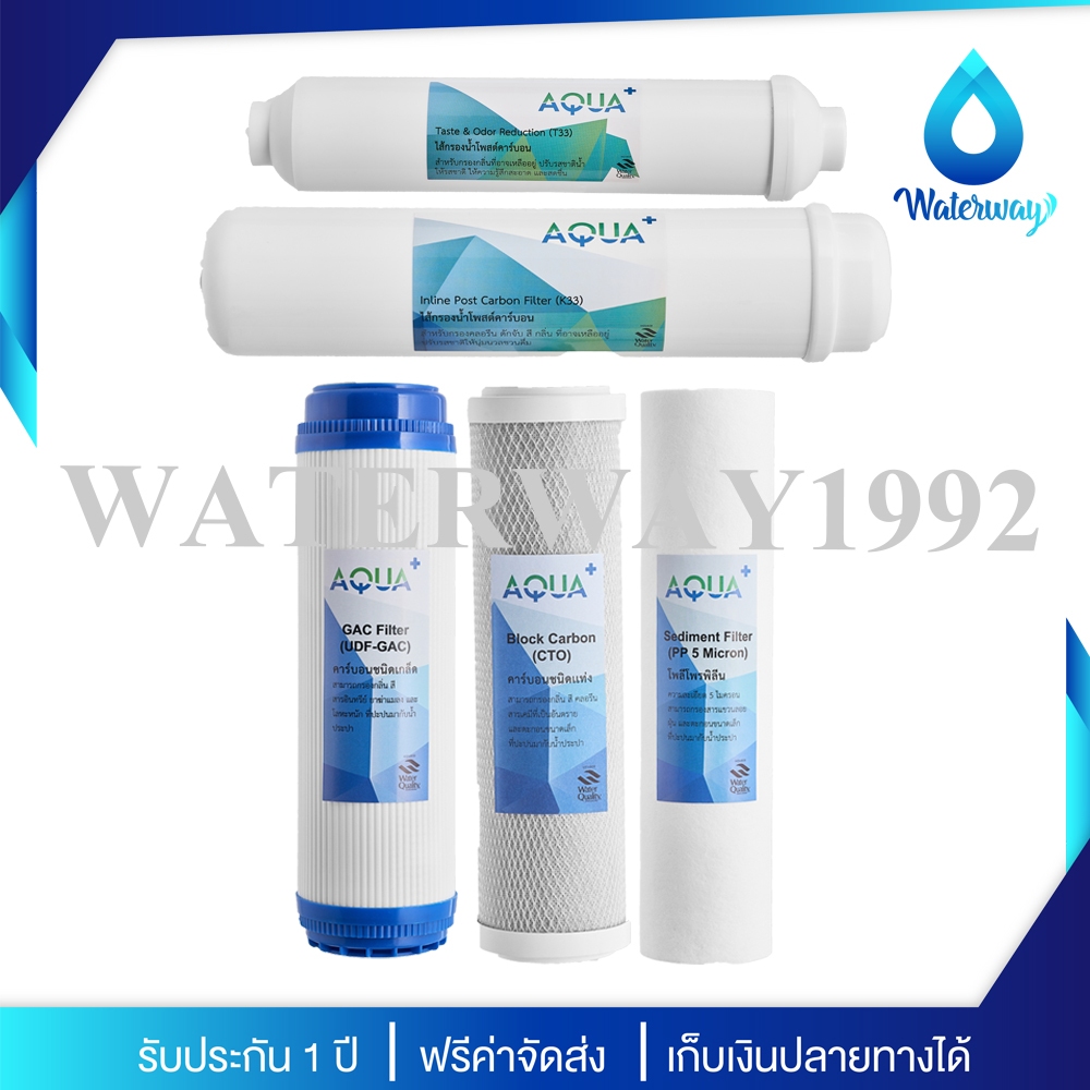 AQUA+ ไส้กรองน้ำ 5 ขั้นตอน คุณภาพสูง ความละเอียด 5 ไมครอน กำจัดตะกอน กลิ่น สารเคมี คลอรีน ได้ดี PP/CTO/GAC/PCB10/PCB12