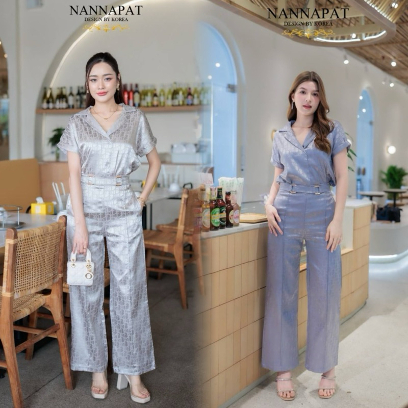 M4 งานป้าย Nannapat Set ชุดเซ็ตกางเกงขายาวทอลาย สำหรับผู้หญิง เสื้อผ้าแฟชั่นผู้หญิง ไซส์ S-XL