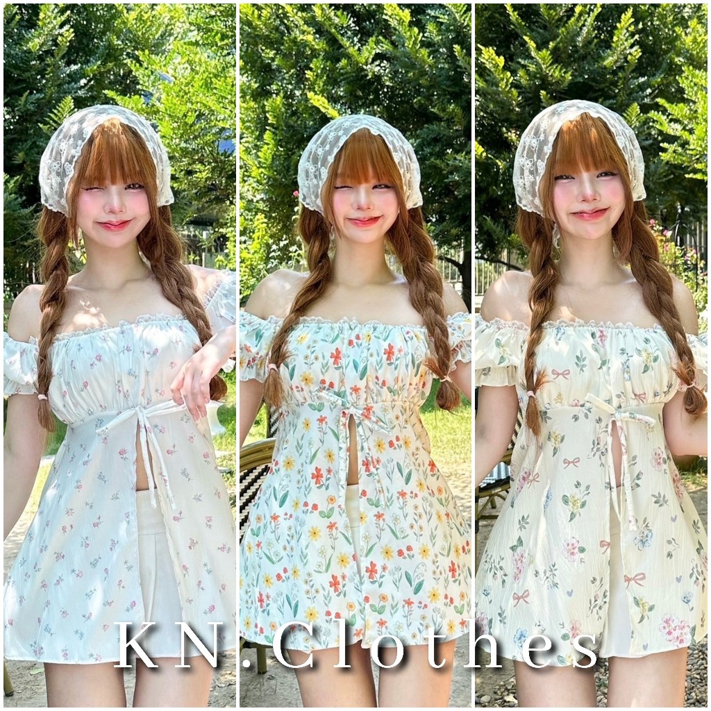 Nusa.Style เสื้อมินิเดรสแขนตุ๊กตา ผ่าหน้า แต่งโบว์ พิมพ์ลายน่ารัก