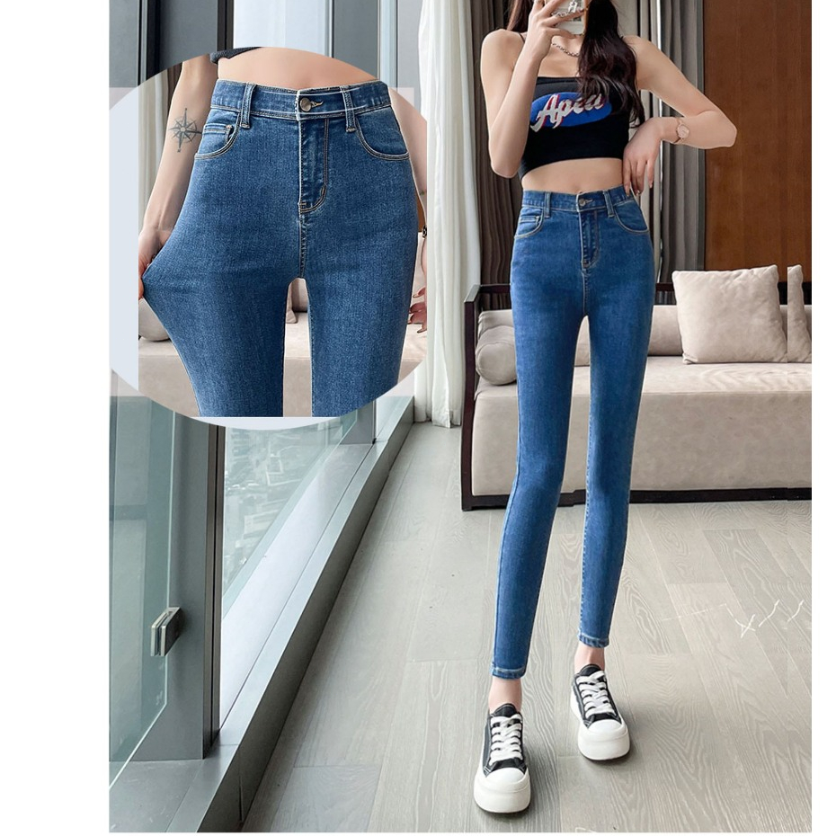 GHAOHESกางเกงยีนส์ยืด ไซส์S-5XL สีฟ้ายืดหยุ่นสูง เอวสูง สลิมฟิต คลุมท้อง ทรงดินสอ ทรงสวย พร้อมส่งค่ะ