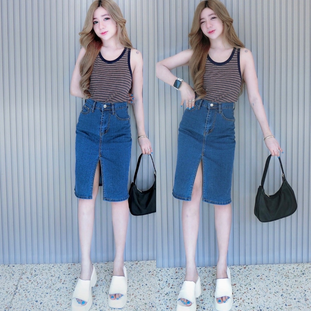 Cc jeans 092 กระโปรงยีนส์ยืด ทรงเอ ผ่าหน้าสูง สียีนส์กลาง