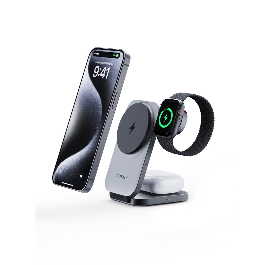 AUKEY แท่นชาร์จไร้สาย Qi2 15W 3-in-1 | Reddot Winner | พับได้ MFW Certified LC-MC312