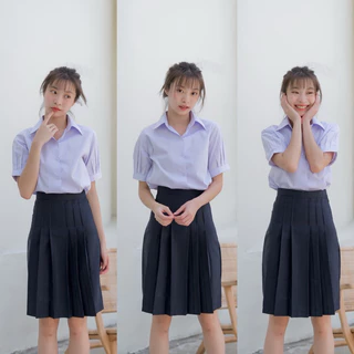 กระโปรงนักเรียนทรงแคบ สีกรมเข้ม-สีดำ ตีเกล็ด 5.5 นิ้วผ้ามัน ดีวาย กระเป๋าลับ ซิปซ่อน ตะขอปรับ 3 ระดับ ความยาว 22“-26”