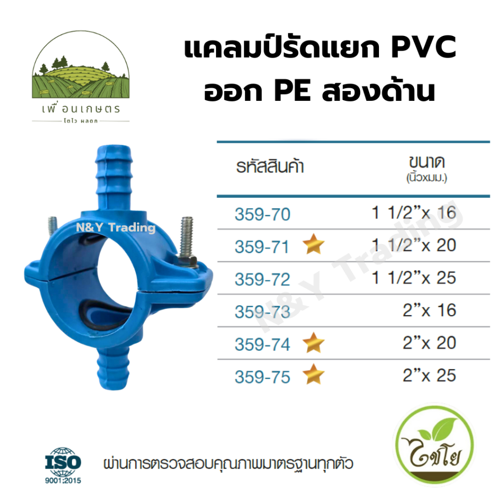 แคลมป์รัดแยก PVC ออก PE สองด้าน แบรนด์ไชโย มีหลายขนาดให้เลือก