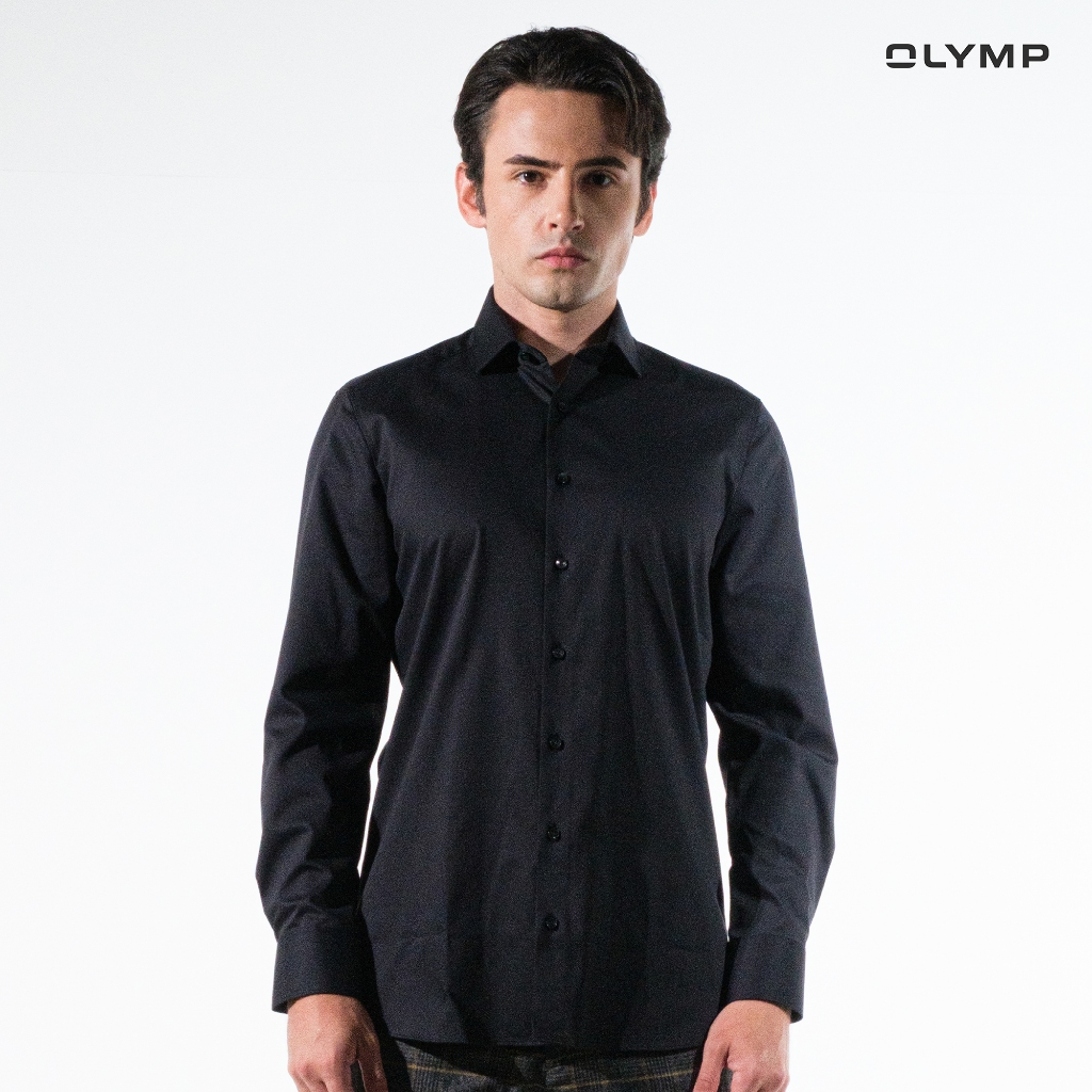 OLYMP  Level Five Shirt เสื้อเชิ้ตชาย สีดำผ้าเท็กเจอร์ไดมอนด์ ทรงพอดีตัว ยืดหยุ่นดี รีดง่าย SUMM24