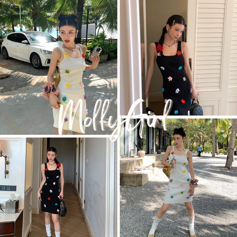 Mollygirl เดรสไหมพรมรัดรูป ดอกไม้ คอลใหม่ พร้อมส่ง
