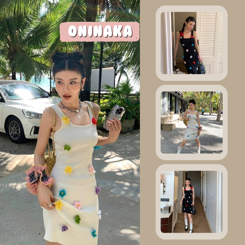 Oninaka เดรสไหมพรมดอกไม้ พร้อมส่ง