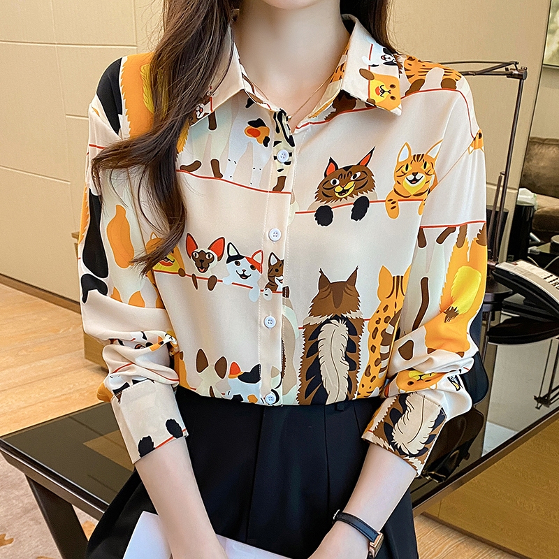 Littlebee W332🌸เสื้อผ้าฤดูใบไม้ร่วง สไตล์ใหม่ ทันสมัย เรียบหรู พิมพ์ ลาย ปก เสื้อชีฟอง สำหรับผู้หญิง ภาพถ่ายจริง