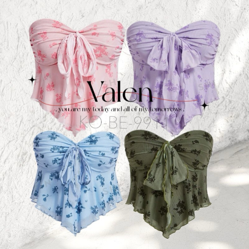 Valen เกาะอกผูกโบว์ปลายแหลมลายดอกไม้ พร้อมส่งจากไทย