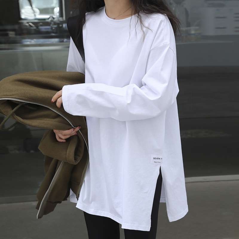 เสื้อแขนยาว คอกลม เสื้อยืด oversize สีทึบ สไตล์เกาหลี