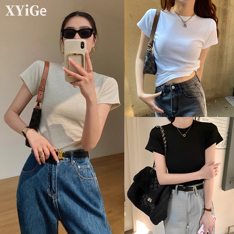 XYG-CHพร้อมส่งจากกทม เสื้อยืดสีขาว แขนสั้นคอกลม ดผู้หญิฝ้ายเสื้อยืด นุ่มมาก มีสีไห้เลือก
